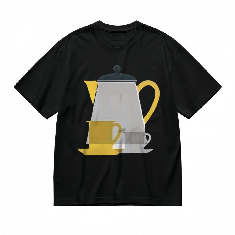 Women's Comfortable Classic T-Shirt Yellow-Grey Tea Set Minimalist Art Black Tee