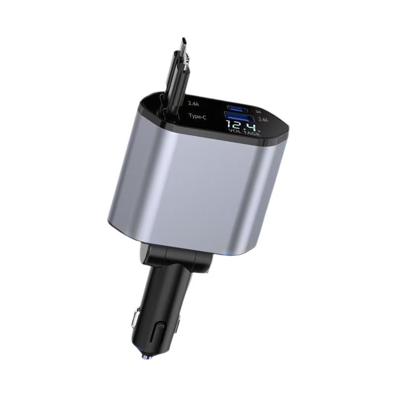 Super Fast Car Phone Charger with Retractable 4-in-1 Cable and Cigarette Lighter Socket for Apple Devices