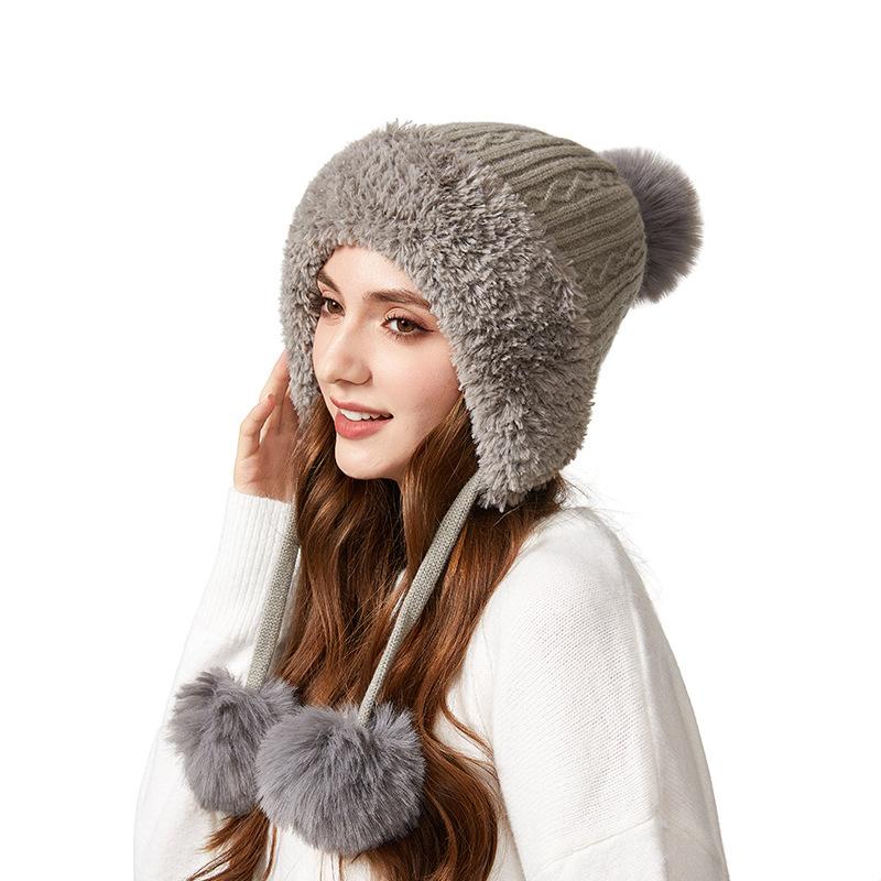 Winter Thick Ear Protection Knitted Cap Outdoor Windproof Velvet Three-Hair Ball Tether Warm Cap