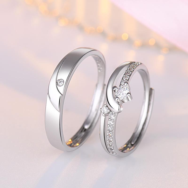 2PCS 925 Sterling Silver Ring Adjustable Open Couple Engagement Rings for Women Men Wedding Ring Party Fashion Jewelry Gift