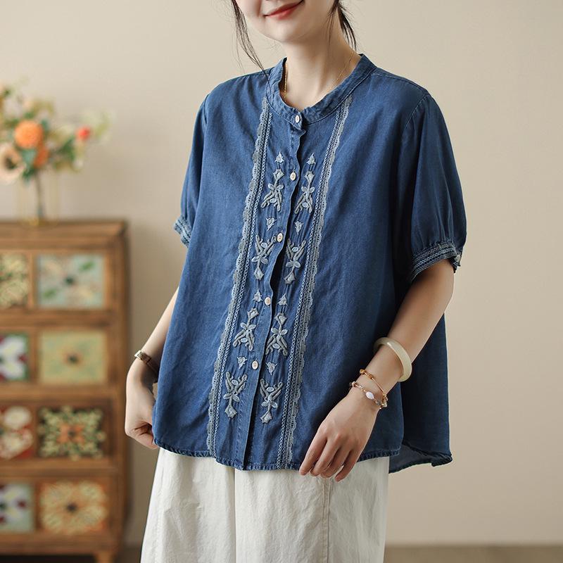 2025 Women's Tencel Denim Shirt with Drape Short Sleeves - Retro Niche Thin Top