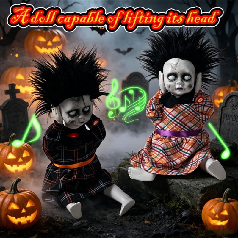 Scary Specters Doll With Electric Head Rise And Red Light Laughing Sound Parties Supplies For Haunting House Decors