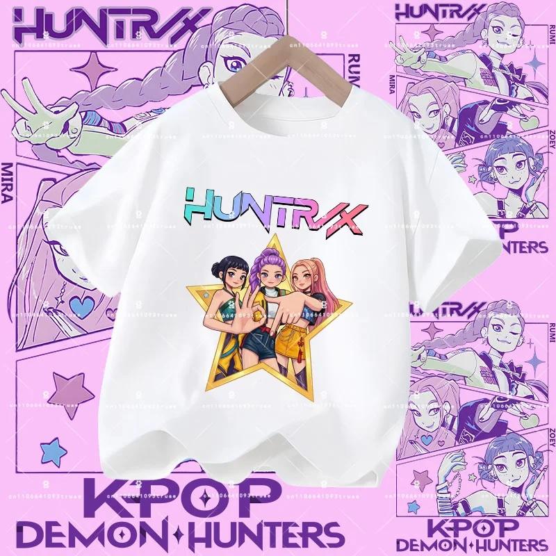 2026 New Kpop Demon Hunters Children's Polyester T-shirt - Girls' Casual Top with Cartoon Print - Summer Short-Sleeved Sports Shirt