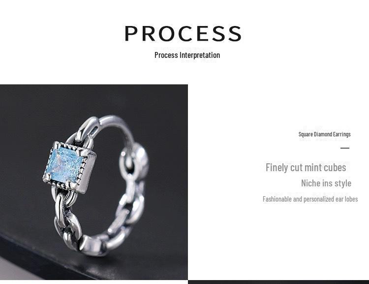 S925 Sterling Silver Sugar Cube Earrings with Personalized Blue Diamond Chain – Retro Distressed High-End Design