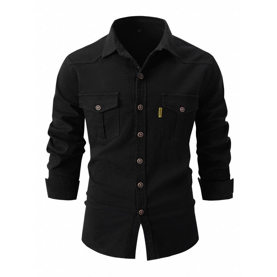 Autumn Winter European Size Lapel Pocket Buttons Shirt Men's Washed Elastic Pure Cotton Business Men Long Sleeve Shirts