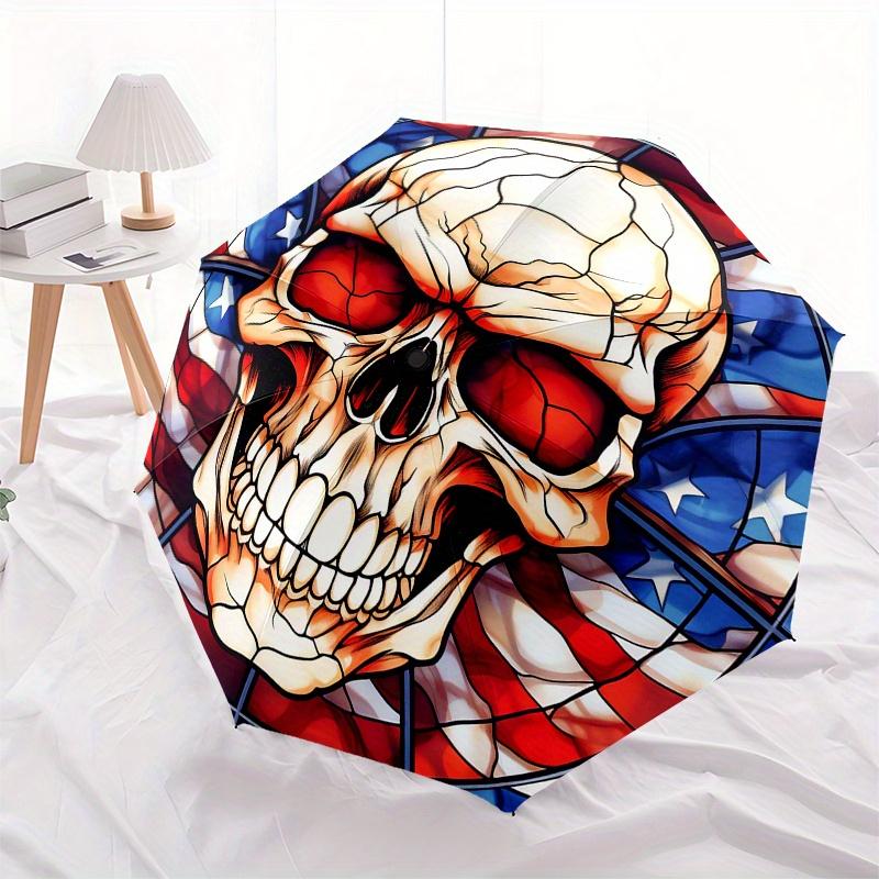 Amerikanische Flagge Totenkopf Buntglas FensteraufkleberRegenschirm, Tragbarer 3-fach Kompakter Regenschirm, Weihnachtsgeschenk ES649