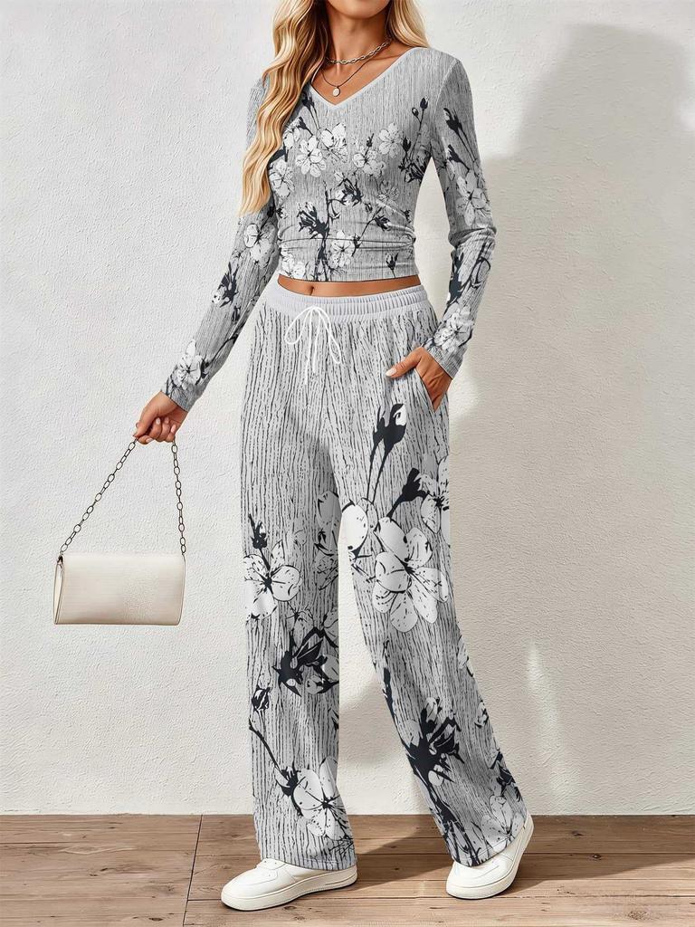 Spring and Autumn Ladies V-Neck Long Sleeve Pants Set Comfortable Casual Versatile Slim Two-piece Set