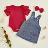 3Pcs Girl Valentine S Outfit Ruffle Short Sleeve Crew Neck Romper Heart Overall Dress and Headband Set