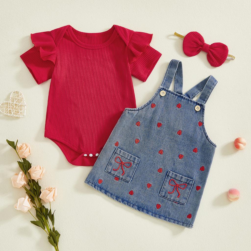3Pcs Girl Valentine S Outfit Ruffle Short Sleeve Crew Neck Romper Heart Overall Dress and Headband Set