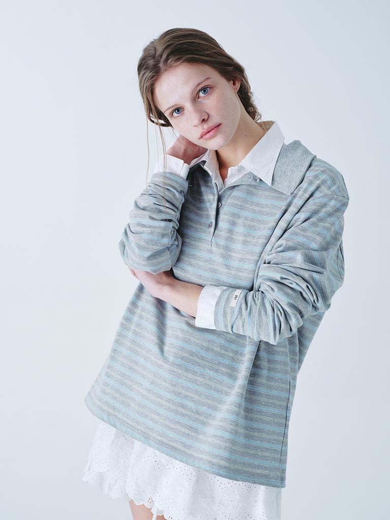 Sopeuteuseoul Oversized Striped Polo Shirt_Gray