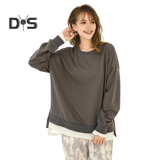 Women Sweatshirt Round Neck Long Sleeve Solid Color Loose Fit Pullover Tops Fake Two Pieces Side Slit Design Casual Sport Tops