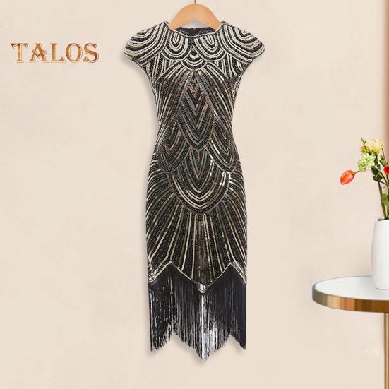 Vestito da sera vintage con paillettes da donna, senza maniche, scollo tondo, chiusura lampo posteriore, orlo con frange, a tubino, vestibilità aderente