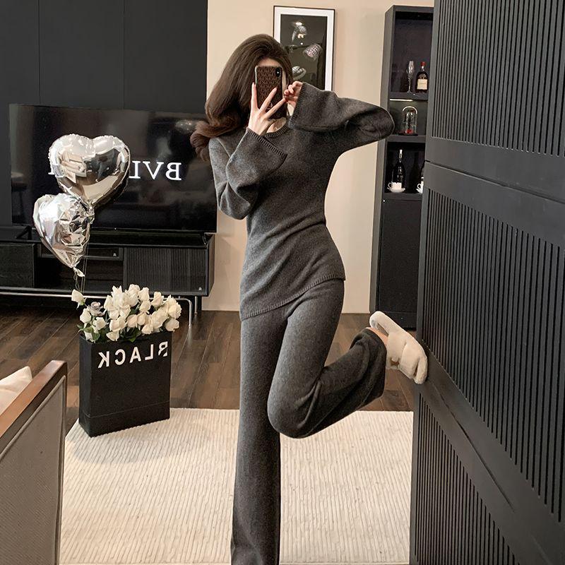 Chic Knitted Two-Piece Set: Bell Sleeve Sweater & Wide Leg Pants for Women (Autumn/Winter)
