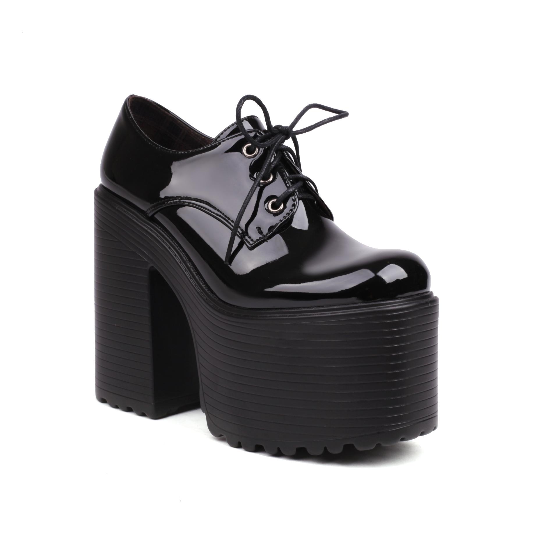 

Ultra High Waterproof Platform Shiny Patent Leather Lace Up Women s Pumps Breathable Lining Thick Heels Punk Trendy High Heels 35 чорний