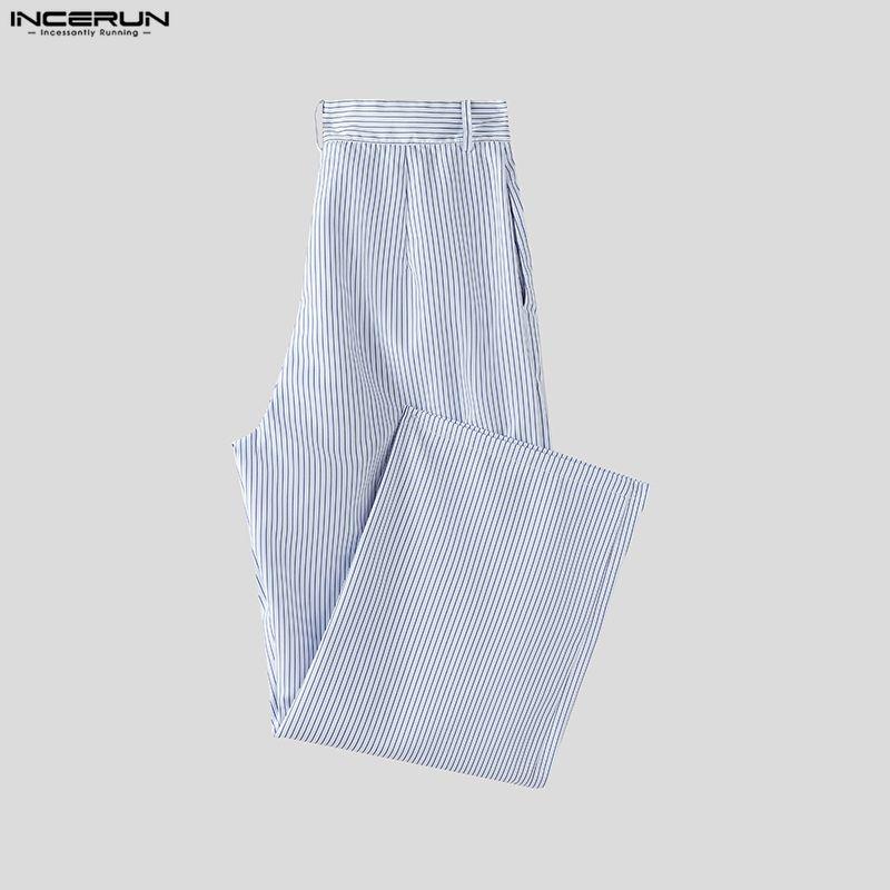 INCERUN Herren Outfits Stehkragen Gestreifte Langarm Crop Tops Reißverschluss High Waist Lange Hosen Sets