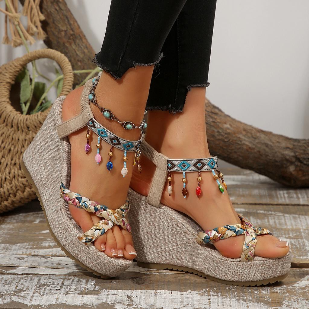Plus Size 36-43 Wedge Sandals Fashion Open Toe Casual Women's Beach Shoes Chunky Heel Outdoor Summer Slide Sandals Bohemian