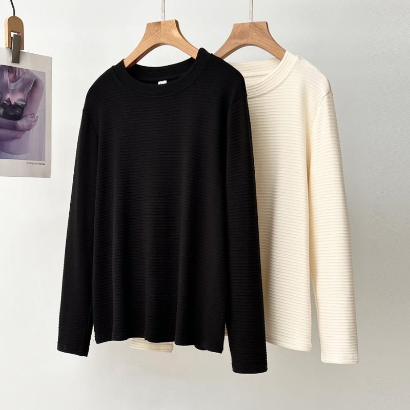 Plus Size Women Striped Jacquard Long Sleeve Casual Base Inner Top