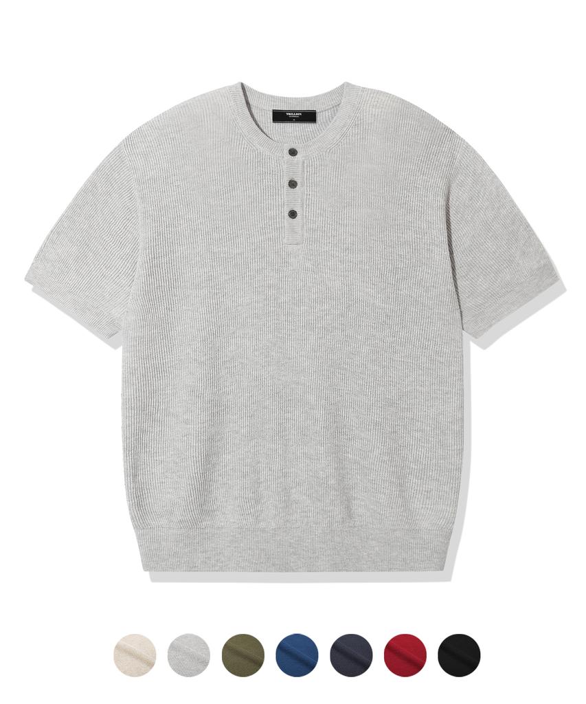 TRILLION Washable Linen Crop Henley Neck Short Sleeve Knit_7 Colors (Type A)