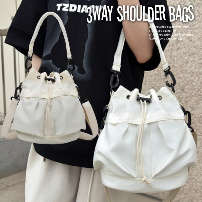 LTG Drawstring Bag, Shoulder Bag, Bucket Bag, 2-Way, Shoulder Bag, Handbag, Lightweight Nylon, Women's and Men's, 7986821 (Off-White)