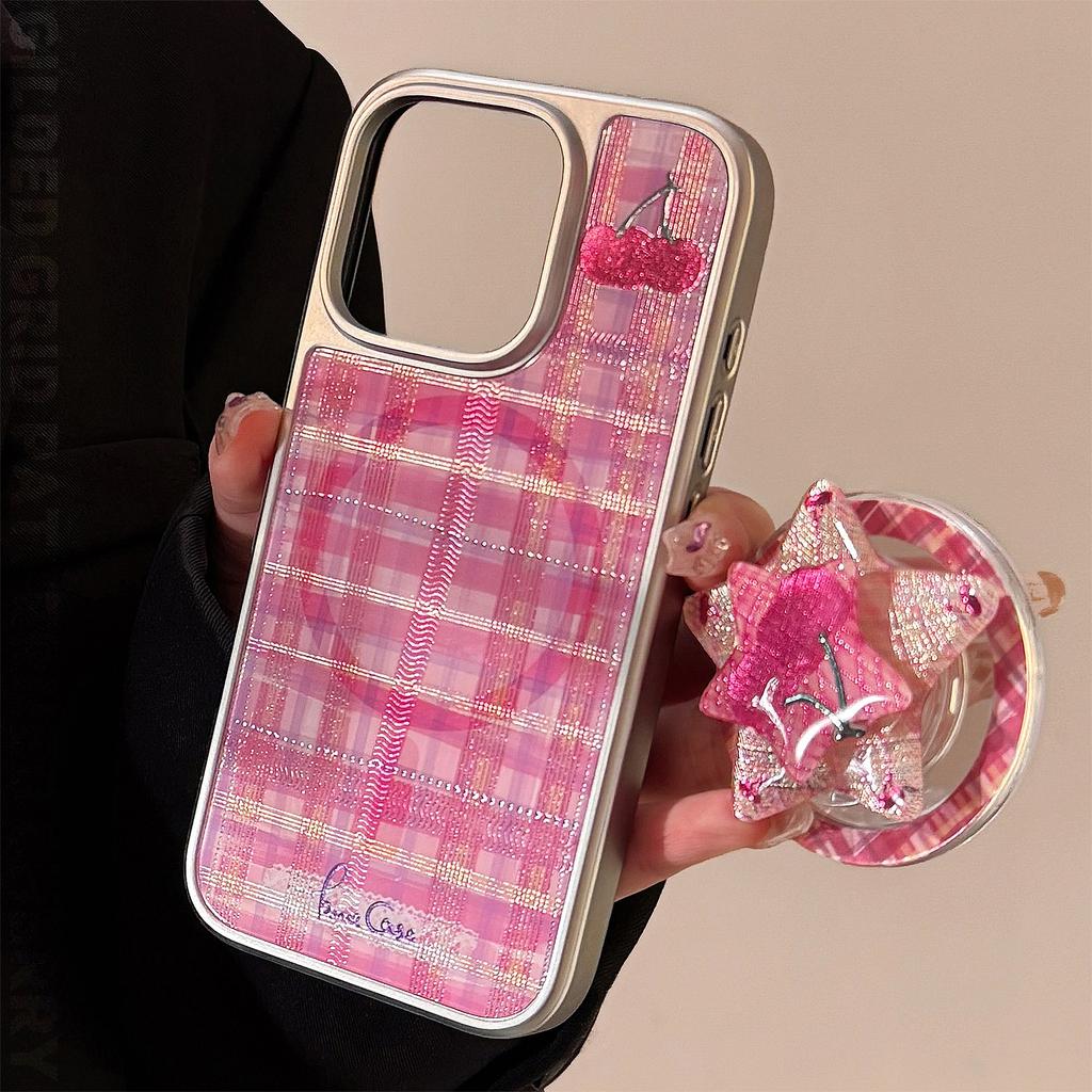Gilded Mobile Phone Case Apple 16promax Red Check Cherry Iphone15 Electroplating 14 Suitable for Sweet Cool 11 Huawei