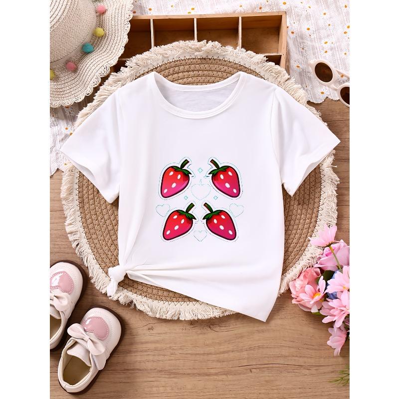 Europäische Größe Mädchen T-Shirt mit Erdbeer- und Herz-Print Kurzarm für Kleinkinder