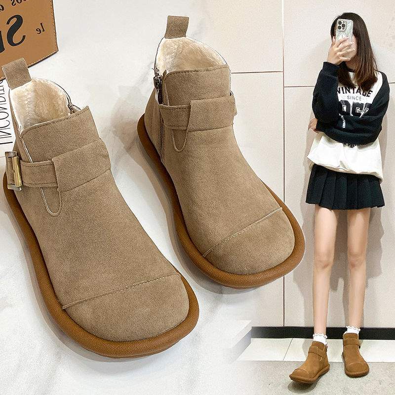 Fleece Winter Warm Snow Boots for Women To Wear 2025 New Ugly Cute Big Head Birkenstocks Flat Non-slip Cotton Shoes