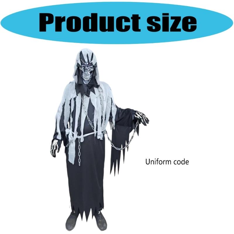 6Pcs Grim Reapers Costume for Adults,Scary Halloween Costume with Grim Reapers Mask Headgear Skeleton Gloves,Waist Belt