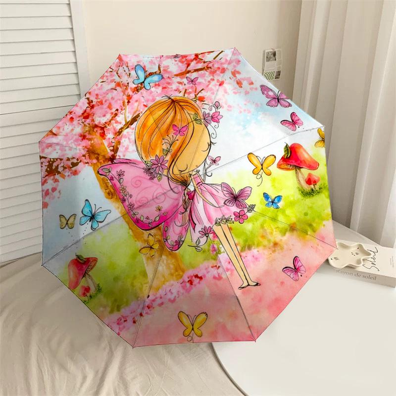 1pc fairy butterflies Automatic Folding Umbrella, Heavy Duty 8 Rib Iron Frame,  Suitable for Travel, Daily Use, Birthday, Decor Gift m0104042