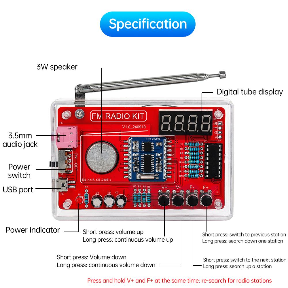 DIY FM Radio Electronic Kit 87-118MHZ Adjustable IC RDA1817 with LED Digital Display DIY Soldering Kit 1W Speaker Dual Power
