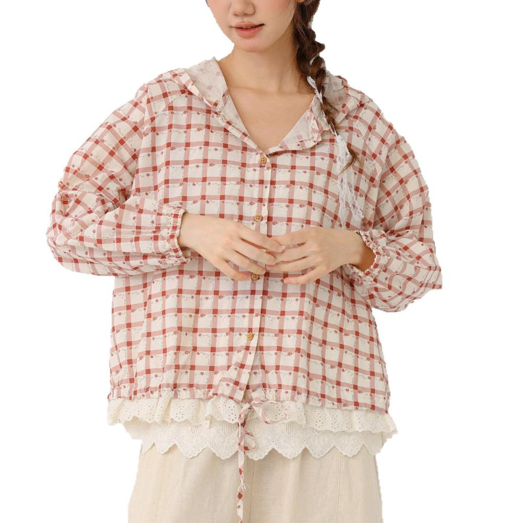Cherry Blossom Plaid Hooded Shirt - Spring/Summer 2026 Collection
