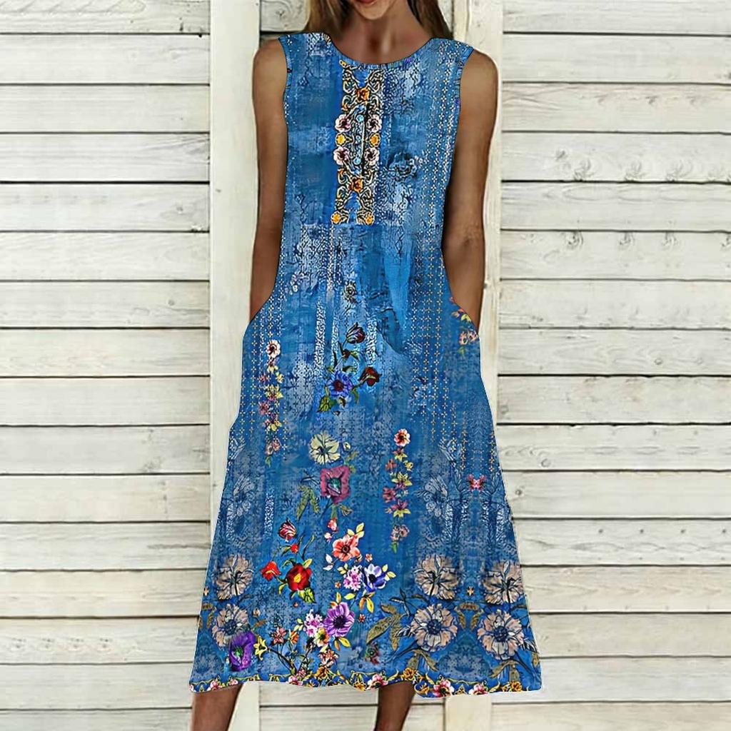 Oversized Ladies Sleeveless Round Neck Dress Soft Mixed Floral Printed Flowy Midi Gown