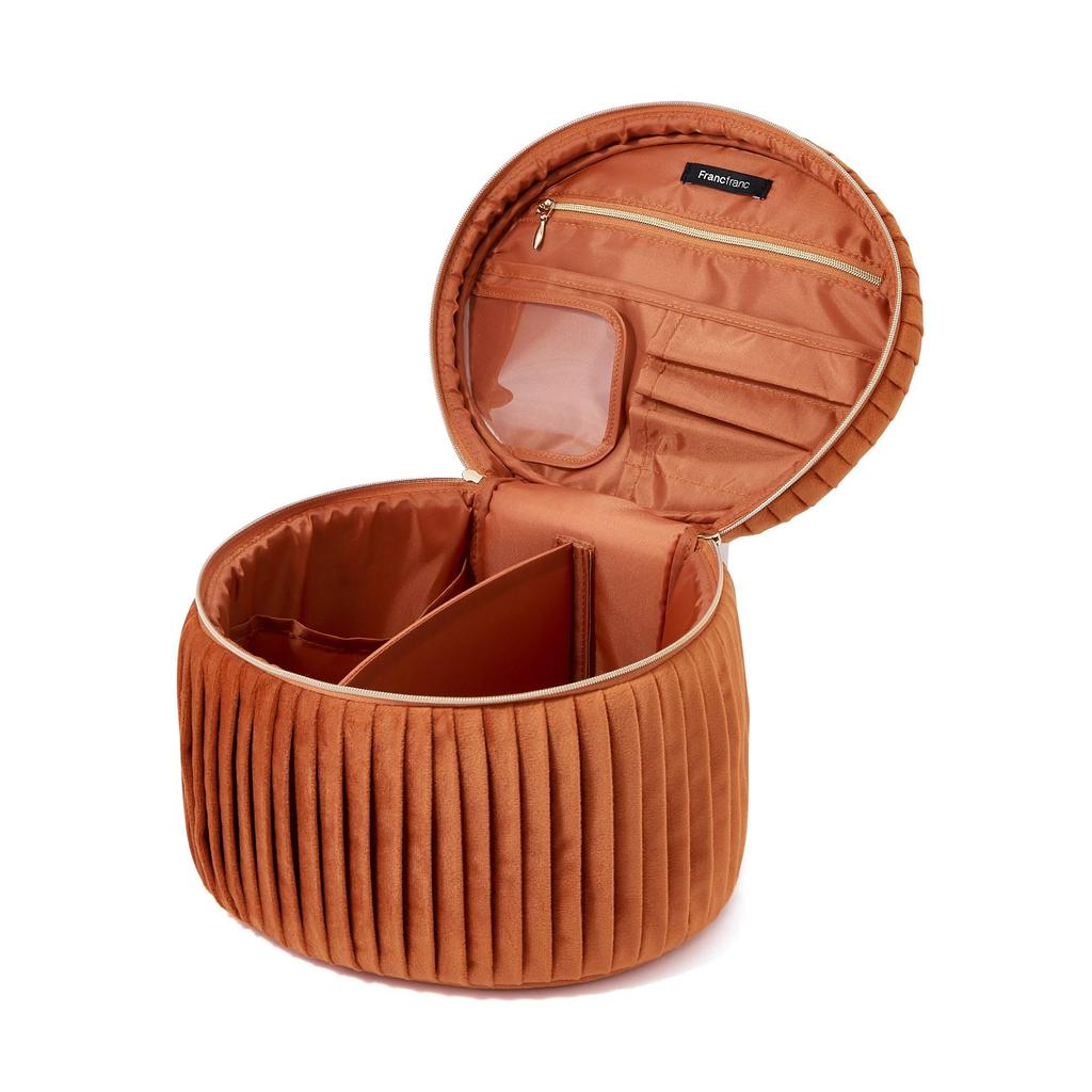 Francfranc Velvet Pleated Vanity Cosmetic Cosmetic Makeup Storage Pouch, Large, Orange, Pouch, Box,