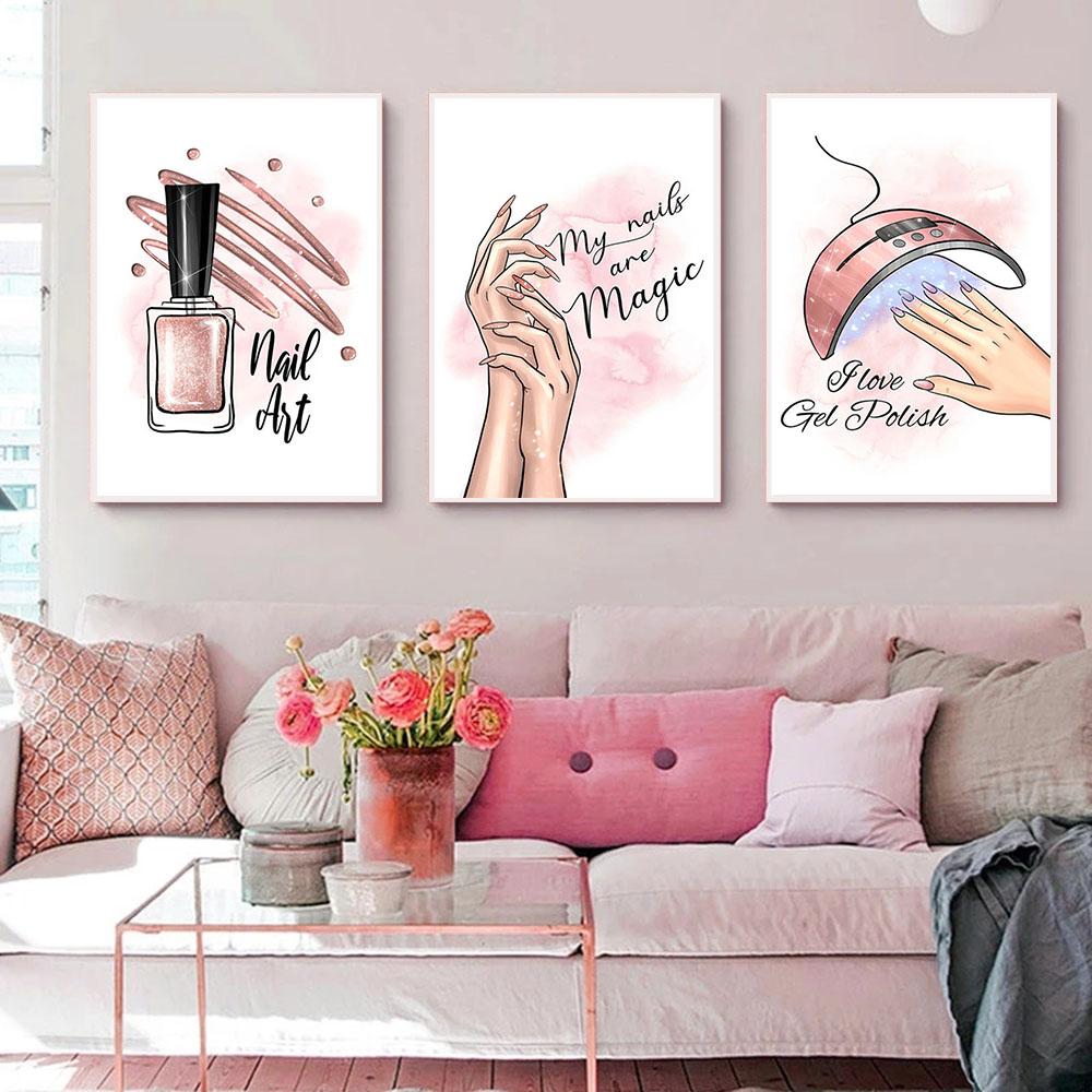 Fashion Women Make Up Wall Art Poster and Prints Nail Rouge Lips Modern Canvas Painting Pink Picture Decoration Office Gift Art
