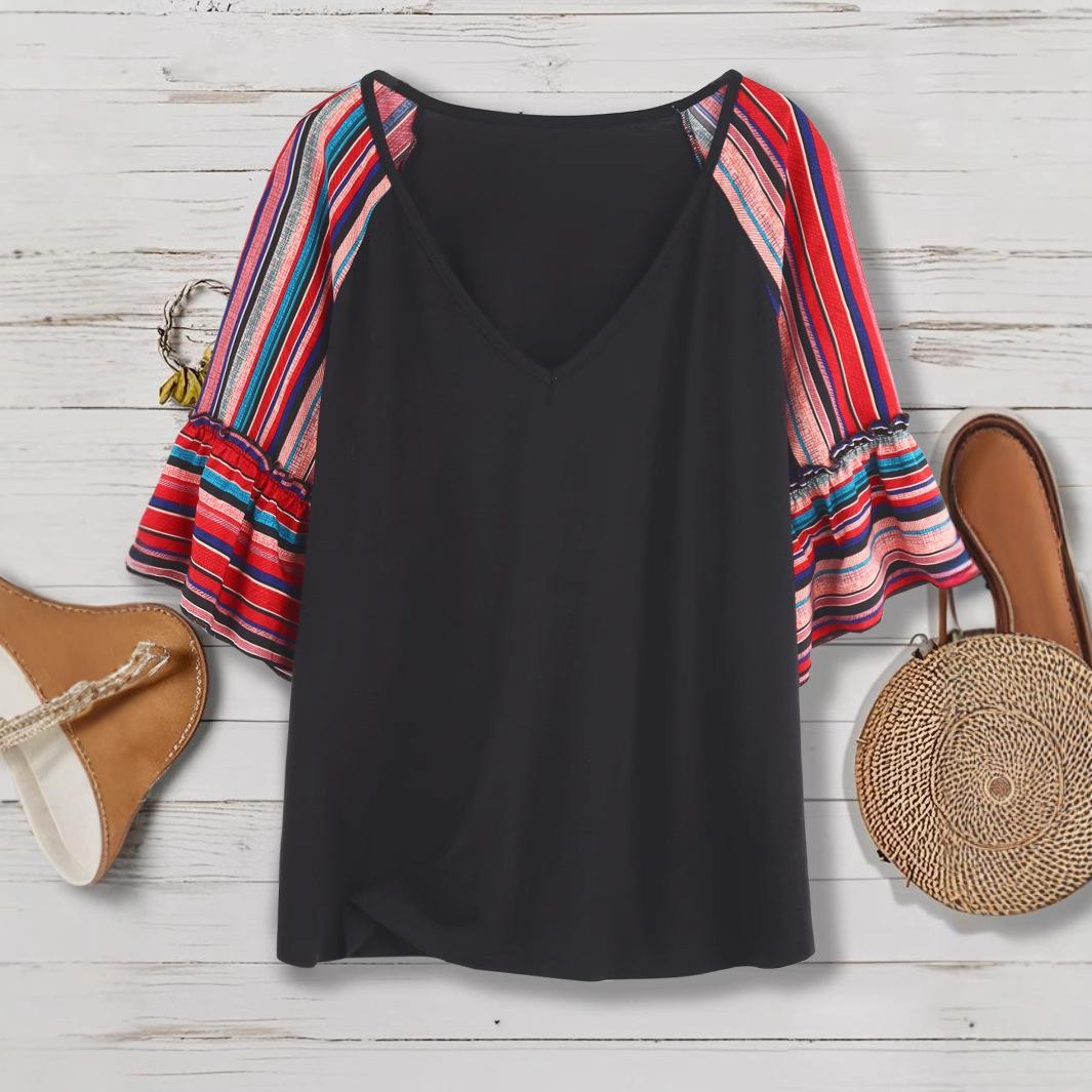 

Short-sleeved Summer Casual Loose V-neck Printed Patchwork Short-sleeved Top for Women 4XL чорний