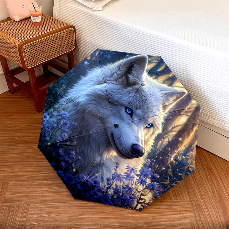 1 PC Automatic Folding Umbrella - Wolf In Moonlit Pattern, Portable & Foldable Design with 8 Ribs, Christmas Birthday Gifts
