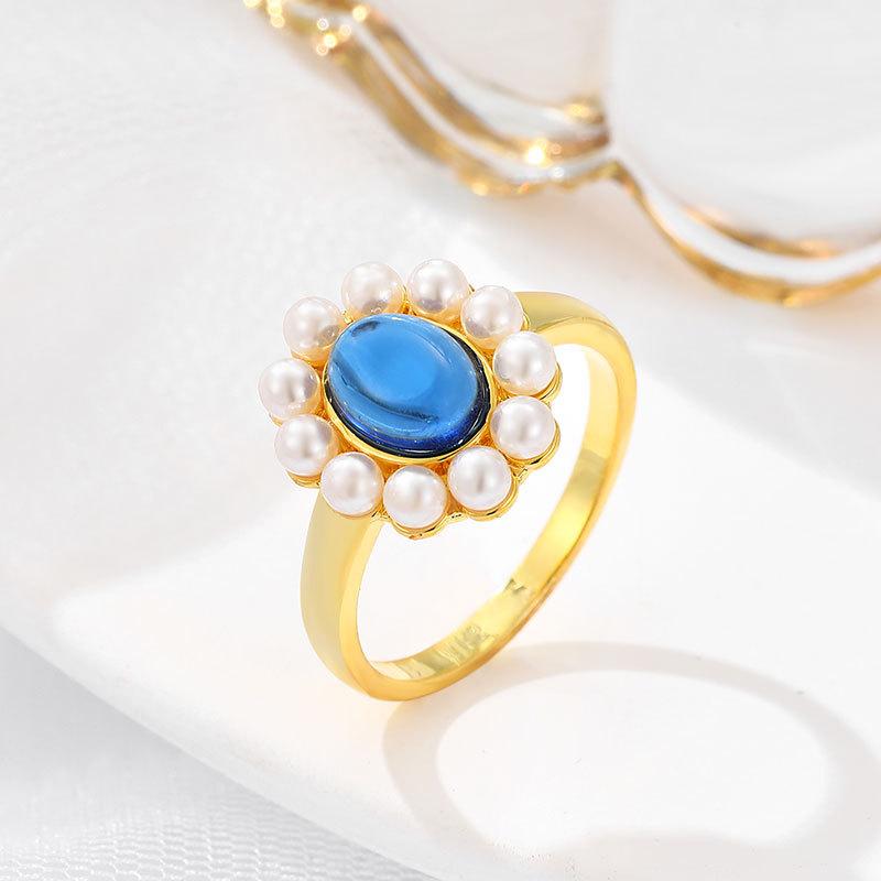 Inlaid Sapphire Small Pearl Ring Women's Retro Temperament Niche Light Luxury Fashion Atmospheric Ring Jewelry