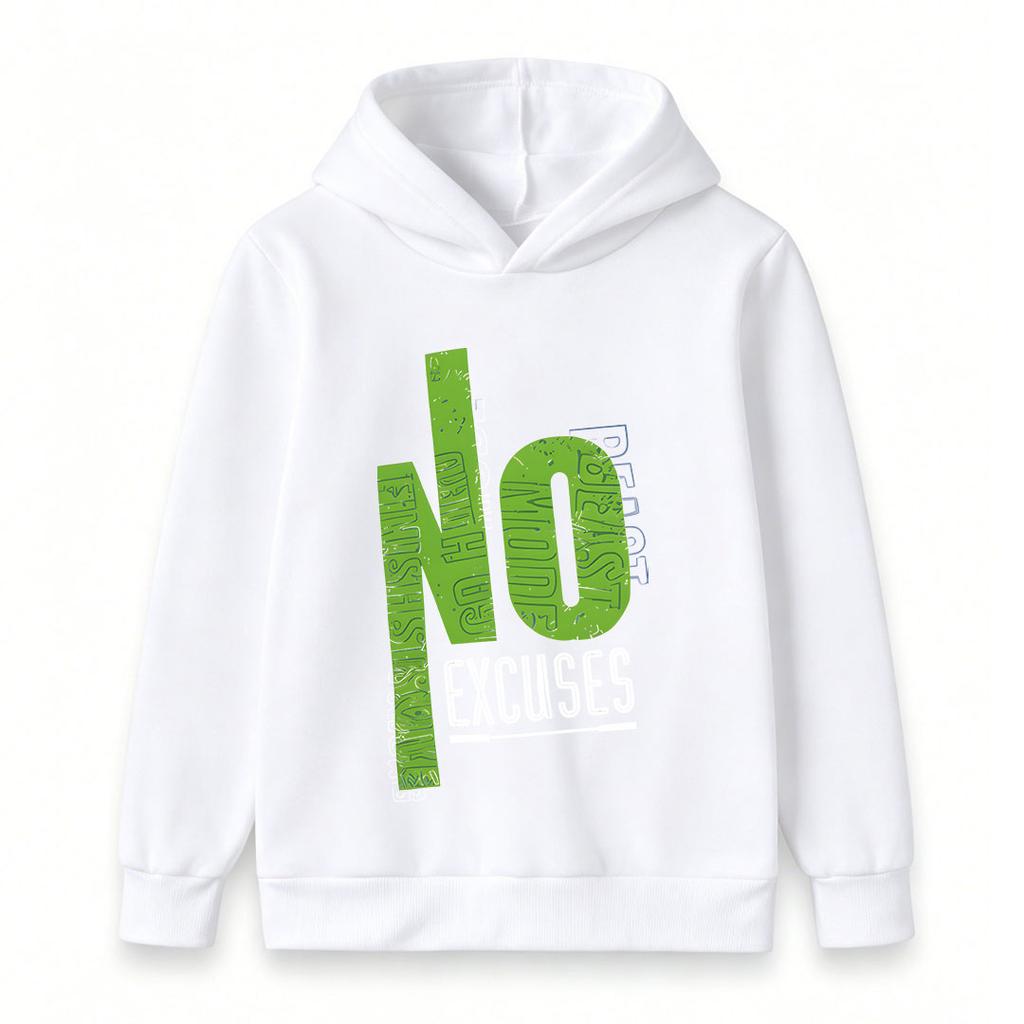 Unisex Kids Boys Girls Pullover Hoodie Sweatshirt, No Excuses Slogan Print Casual Soft Long Sleeve Hooded Top for Daily School Sport Wear, Ages 3-12 Y