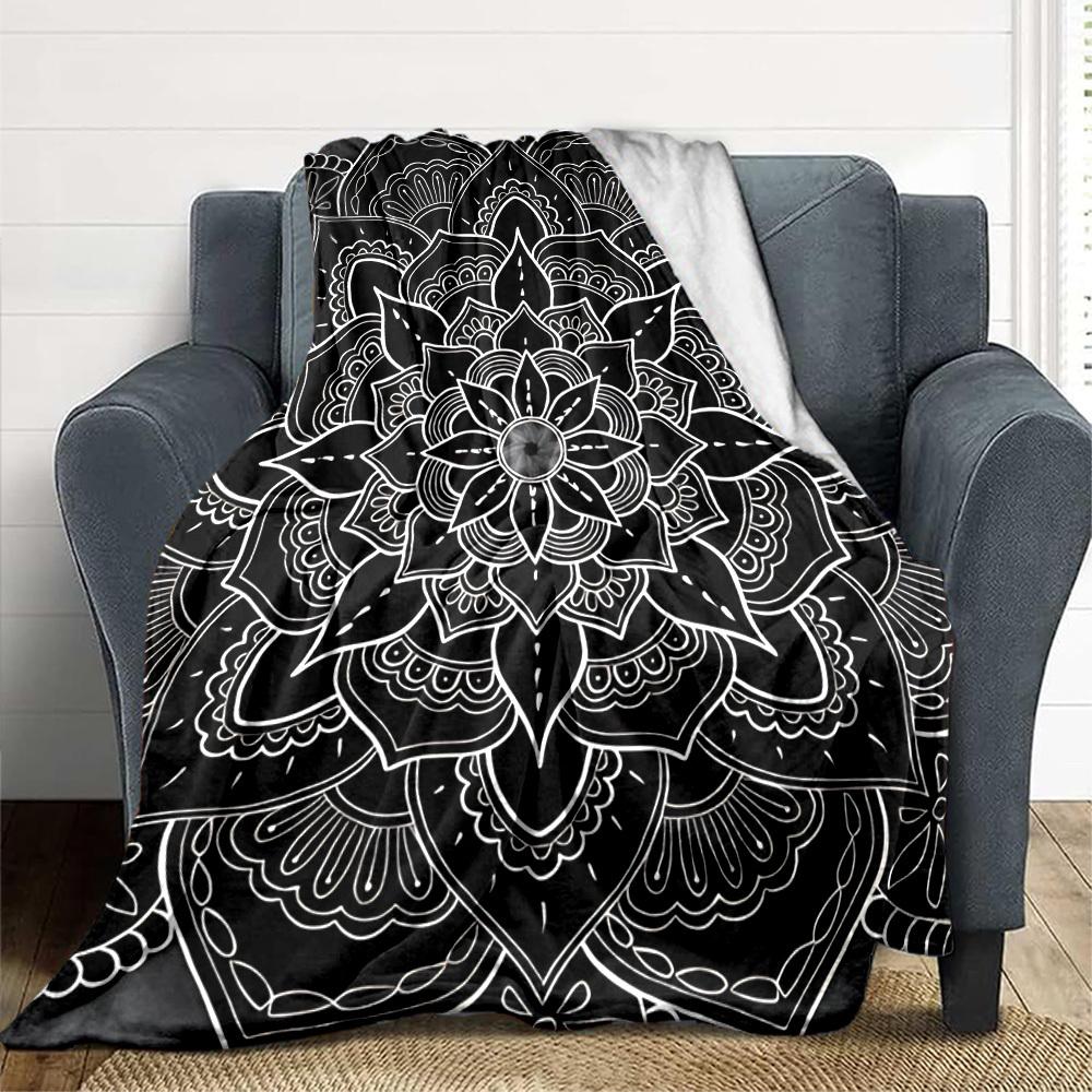1pc Black Mandala Soft & Warm Polyester Knit Blanket, Digital Printed, All-Season Throw for Napping, Traveling, Sofa yy250906019
