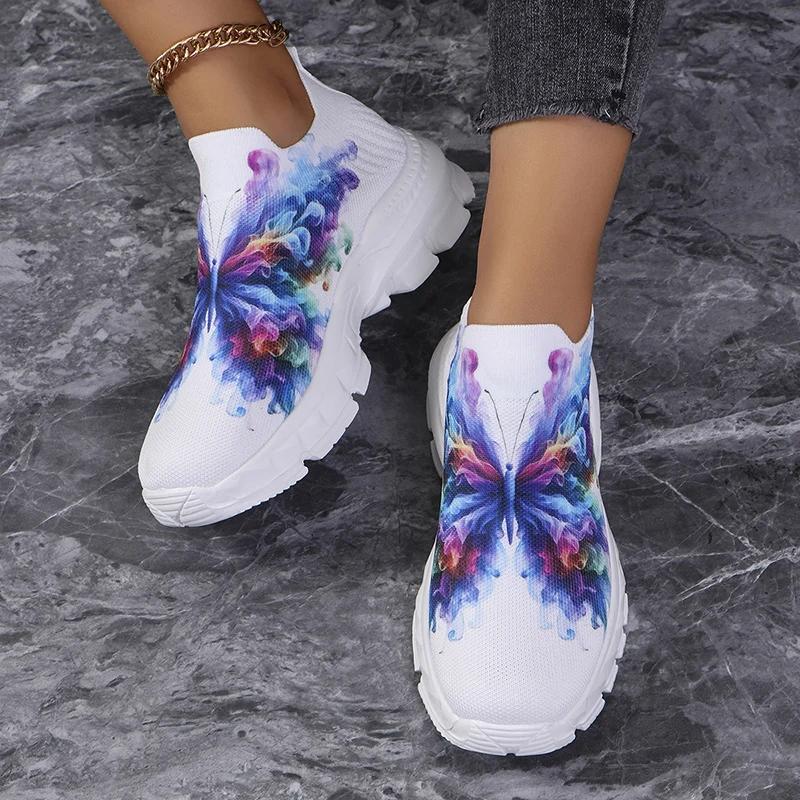 Fashion Fashion Butterfly Print Knit Sneakers for Women Breathable Mesh Platform Sneakers Shoes Woman Plus Size Thick Sole Walking Shoes