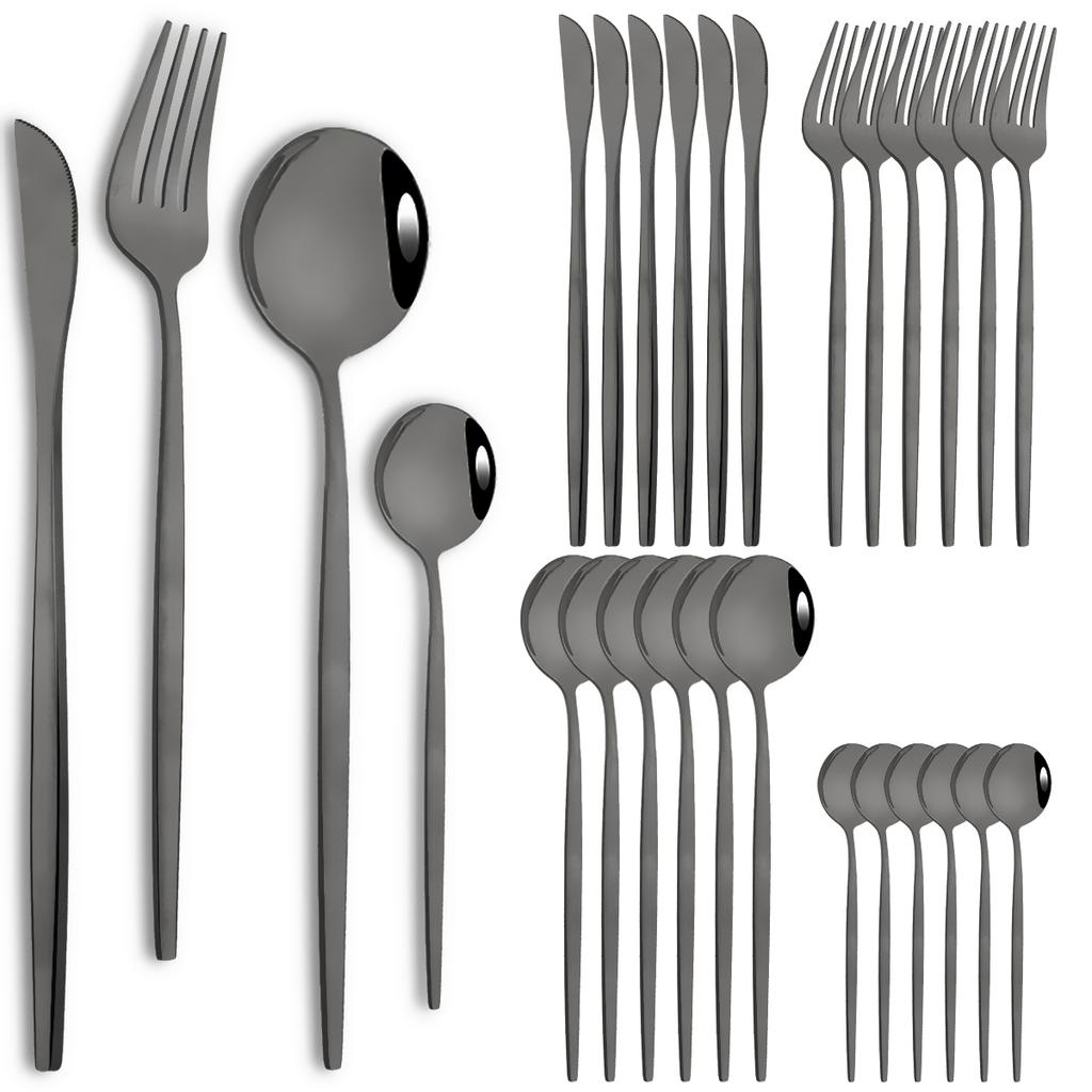 24pcs Stainless Steel Cutlery Set Knife Coffee Spoon Fork Dinnerware Set Mirror Durable Flatware Western Party Kitchen Tableware