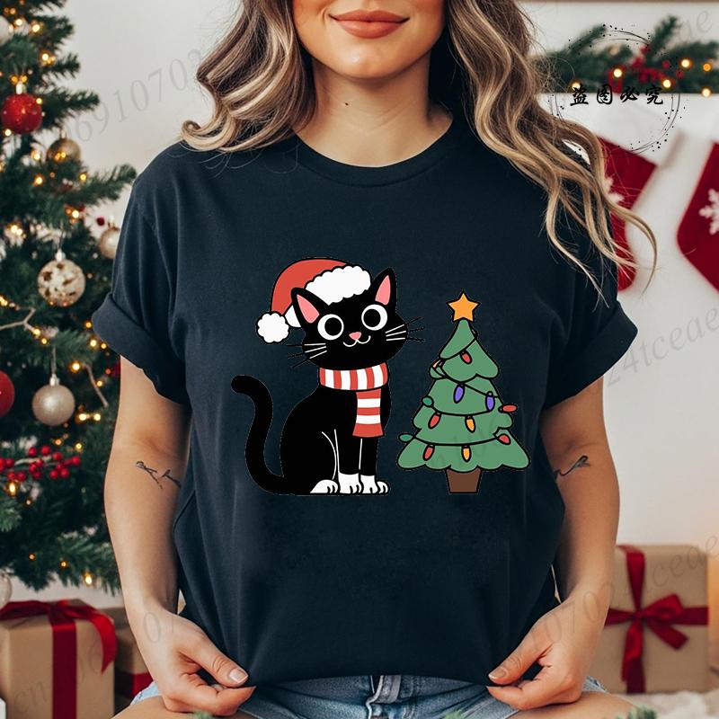 Kitten Xmas Tree Unisexs Casual TShirt Black Cat Christmas Graphic Print TShirts Tops Meowy Xmas Lights Novelty TShirt Tops