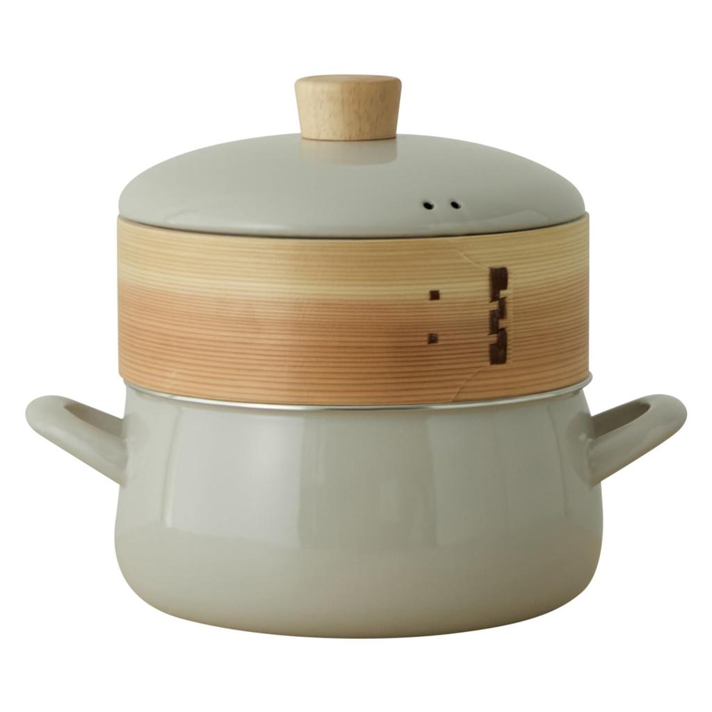 Fuji Enamel Enamel Pot with Steaming Direct Heat and Induction Compatible Steamer, 20cm, Greige, Compatible,