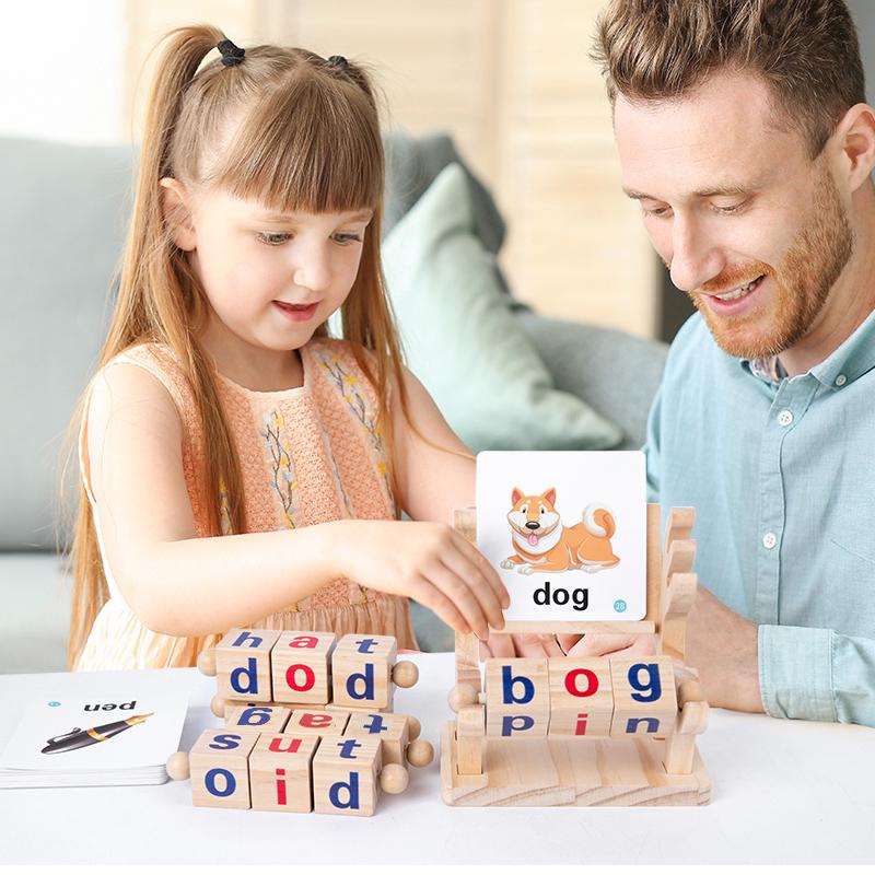Wooden Word Spelling Game Vowel Letter Pairing Alphabet Learning Toys Letters Reading Building Blocks for Kids Early Education