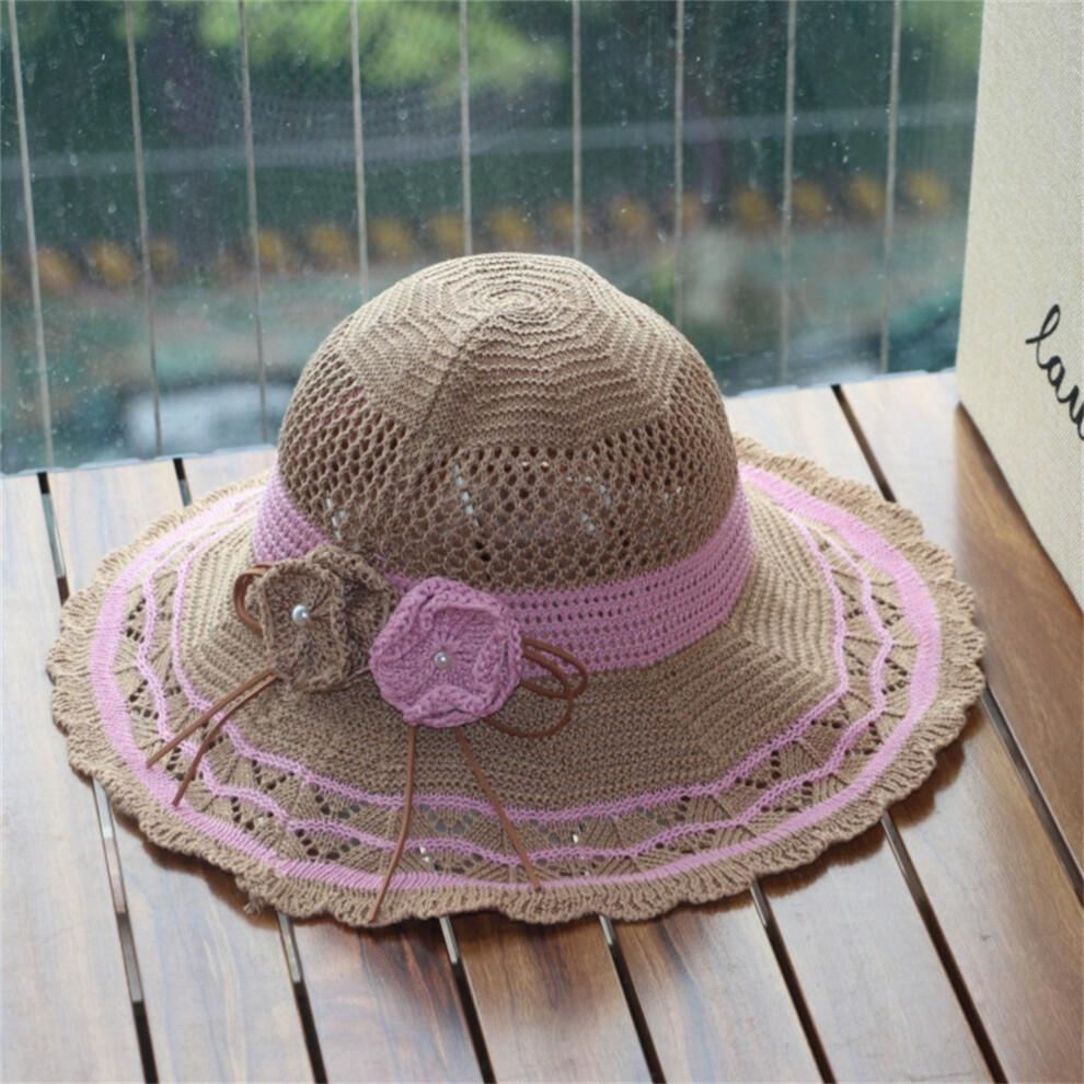 (One Size, Khaki) Women Summer Knit Sun Hat Breathable Crochet Flower Wide Brim Sun Protection Fisherman Cap
