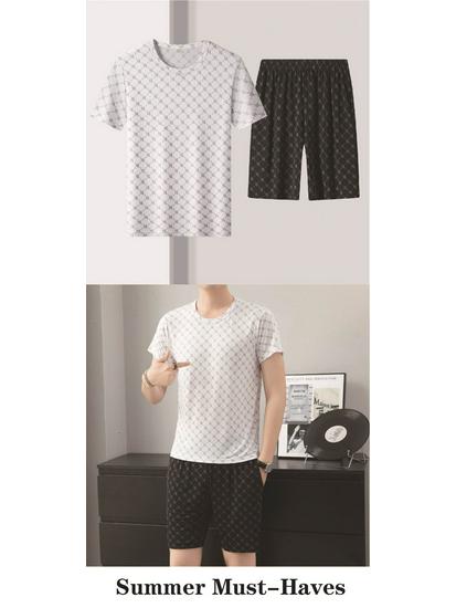 Men's Summer Ice Silk Letter B Print T-Shirt and Shorts Set - Lightweight, Soft, Comfortable, Short Sleeve.