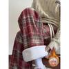 Mens Vintage Plaid Wool Blend Pants Fall Winter Fleece Lined Wide Leg Loose Casual Trousers