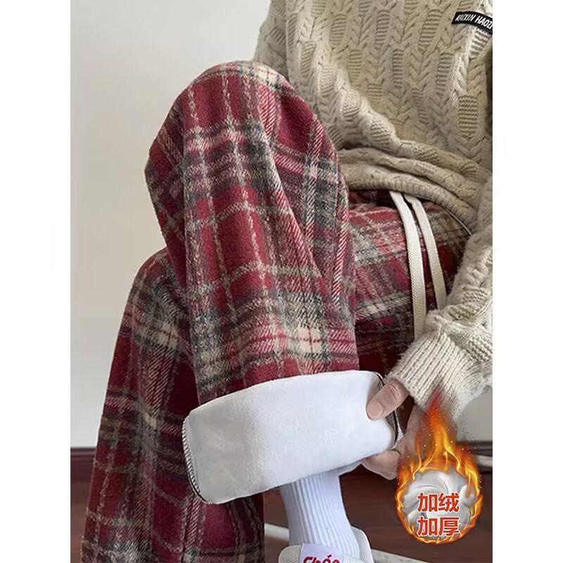 Mens Vintage Plaid Wool Blend Pants Fall Winter Fleece Lined Wide Leg Loose Casual Trousers