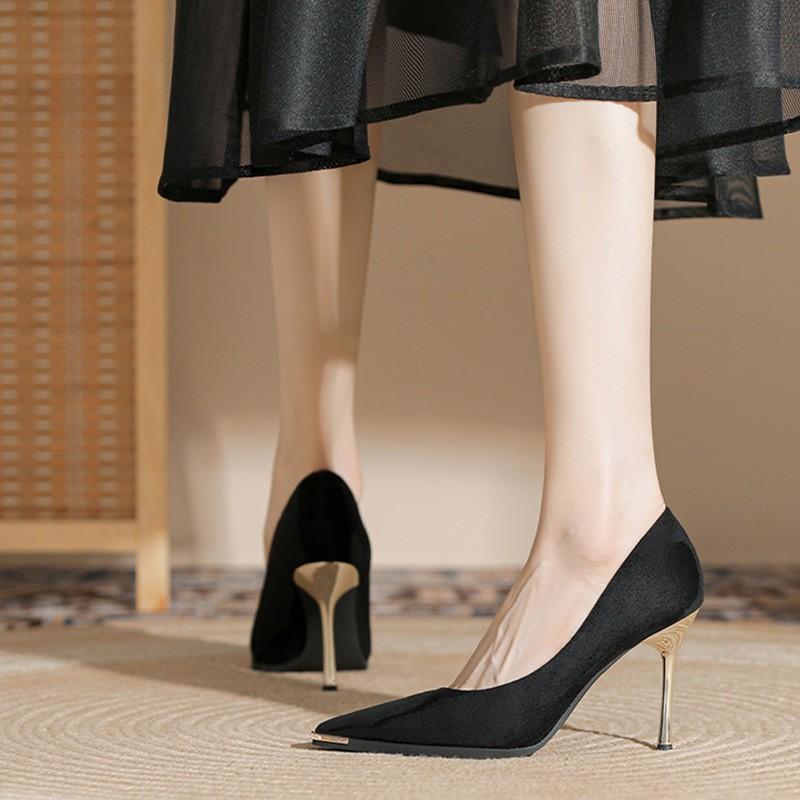 Fashion Women's Slim Heel Shoes Spring New Metal Pointed Shallow Mouth Suede Slip-on Wear Resistant High Heels