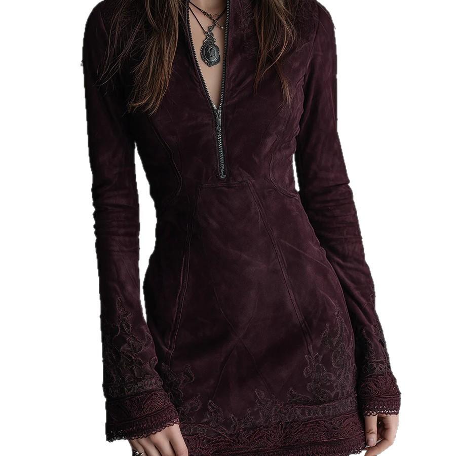New Amazon Independent Station Semi-turtleneck Zipper Embroidery Plus Lace Lace Hip Skirt