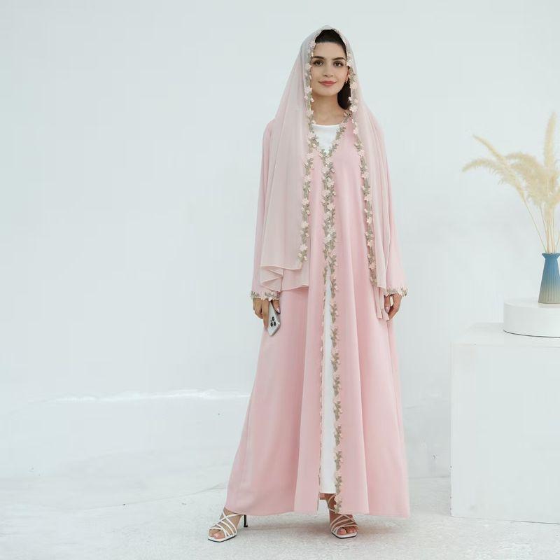

Middle East Dubai Fashion Embroider Flower Turban Robe Dress Embroidered Cardigan Robe Pink + Turban XL(58)